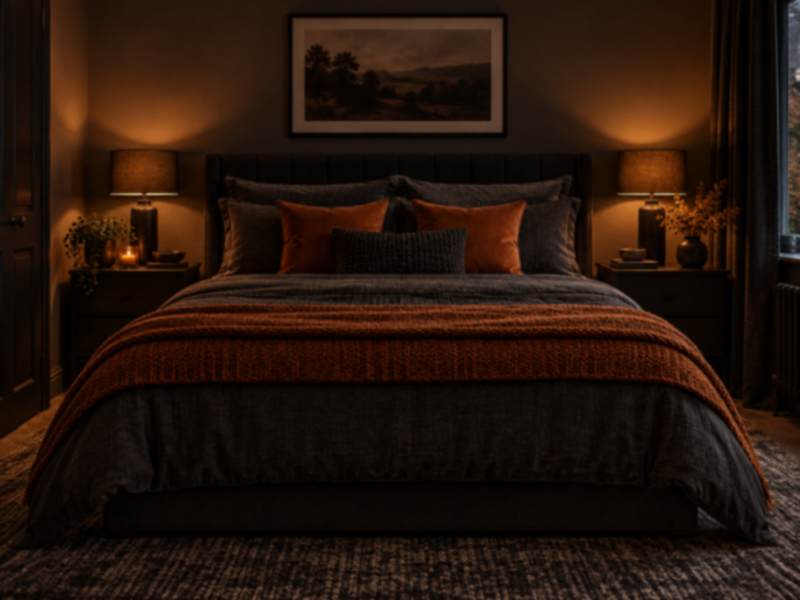Neatly made bed in a calm, dark bedroom