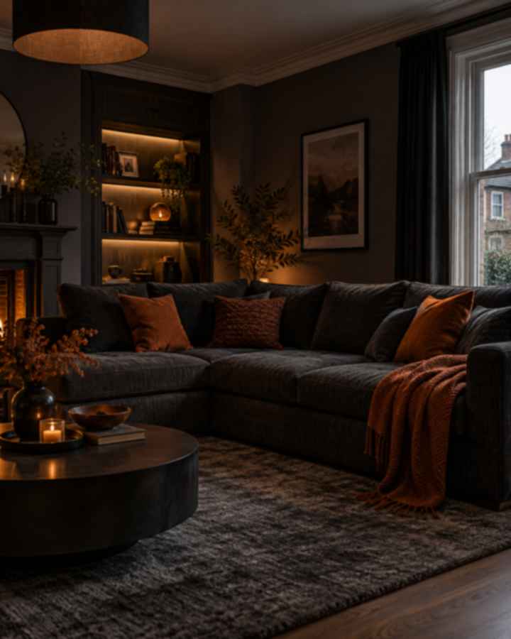 Fabric corner sofa in a softly lit modern living room