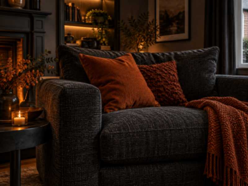 Fabric armchair in a dark modern interior