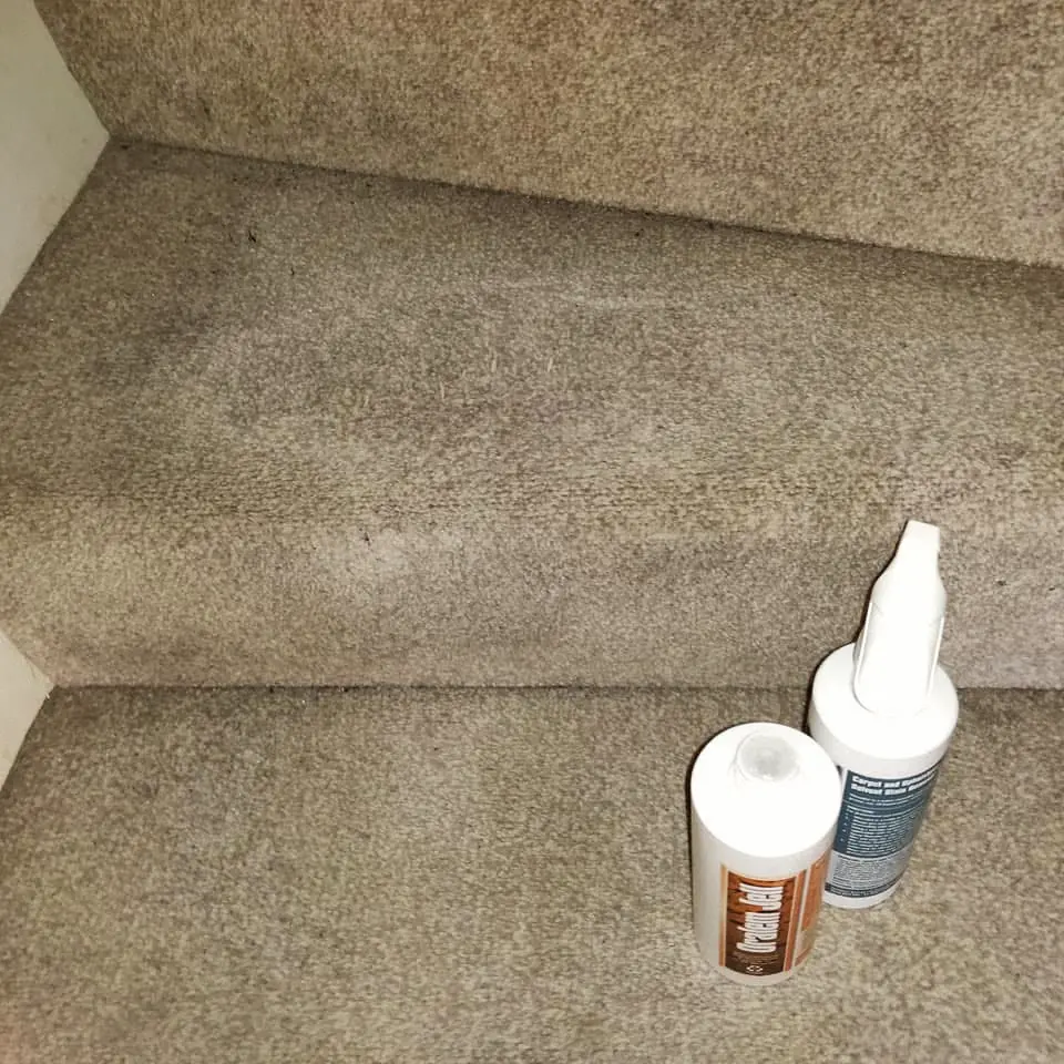 The same stairs after a FIBRE & CO. stain treatment and clean